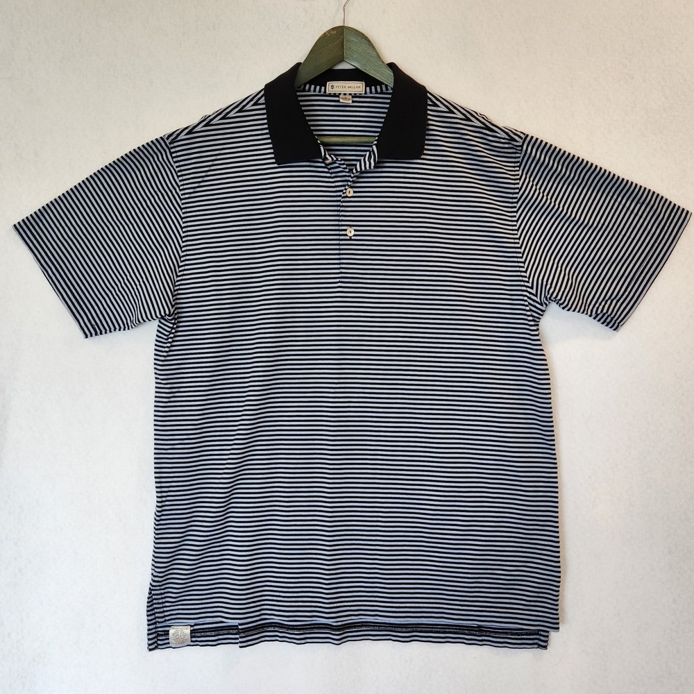 Early Peter Millar Mens Large Black Blue Striped Cotton‎ Short Sleeve Polo Shirt